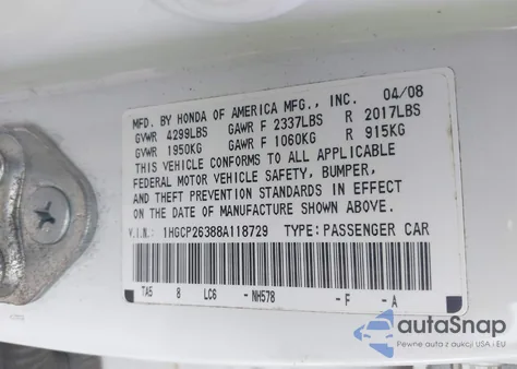 2008 Honda Accord 2.4 Lx из США, поврежденный, VIN 1HGCP26388A118729